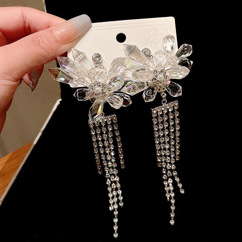 2025 Light Luxury Silver Needle Diamond Flower Tassel Earrings - Elegant European & American Style for Women