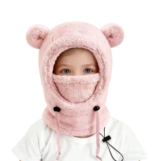 Kids Ski Hat Solid Color Bear Ear Decor 3-in-1 Face Guard Scarf Headgear Cold Weather Windproof Fleece Headgear with Adjustable Cords