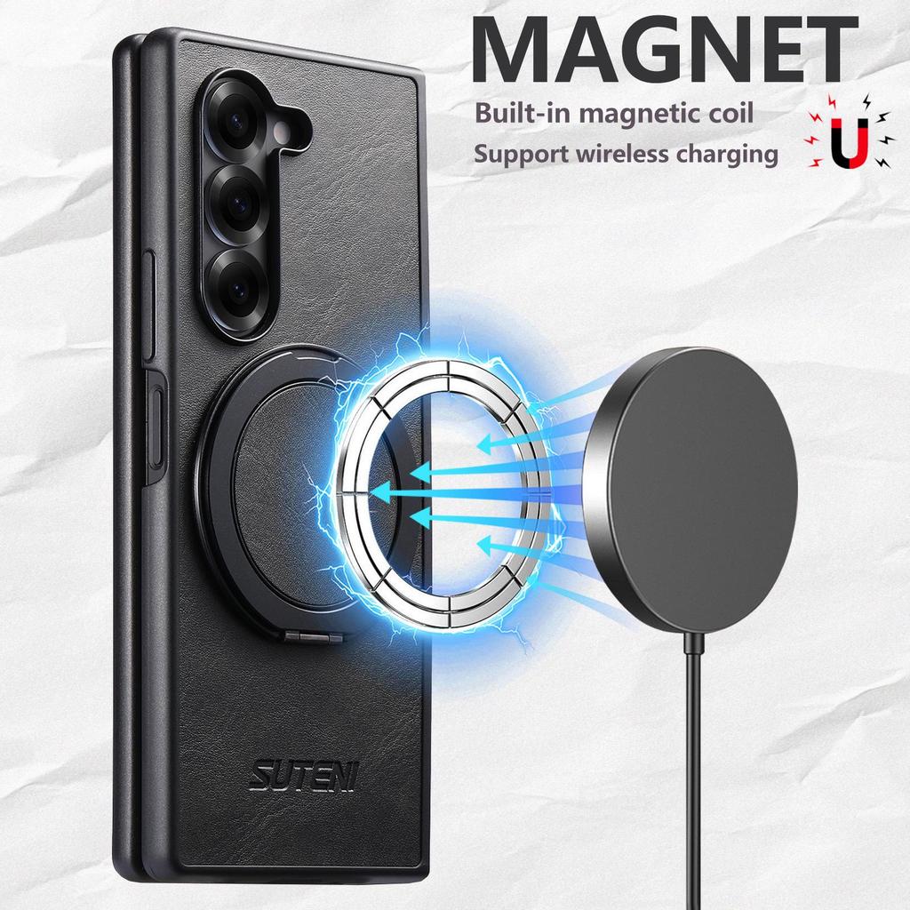 Samsung Z Fold7/6/5 Magnetic Wireless Charging Leather Case with 360° Rotating Ring Stand