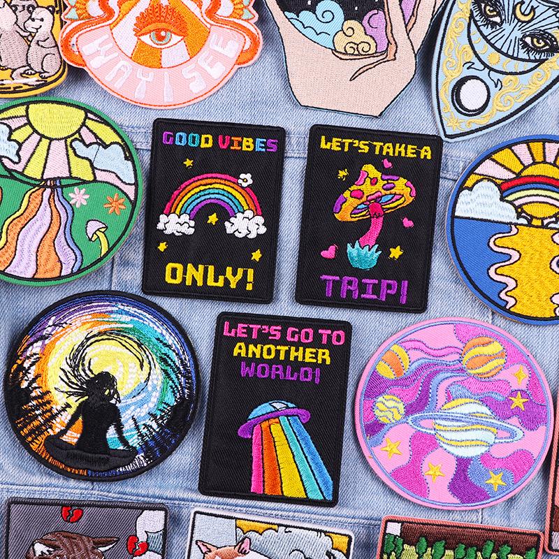 Regnbåge/BokstavsPatch Planet/UFO BroderiPatch Stryk på Patchar För Kläder Tecknad Broderad Patch På Kläder Strykning DIY