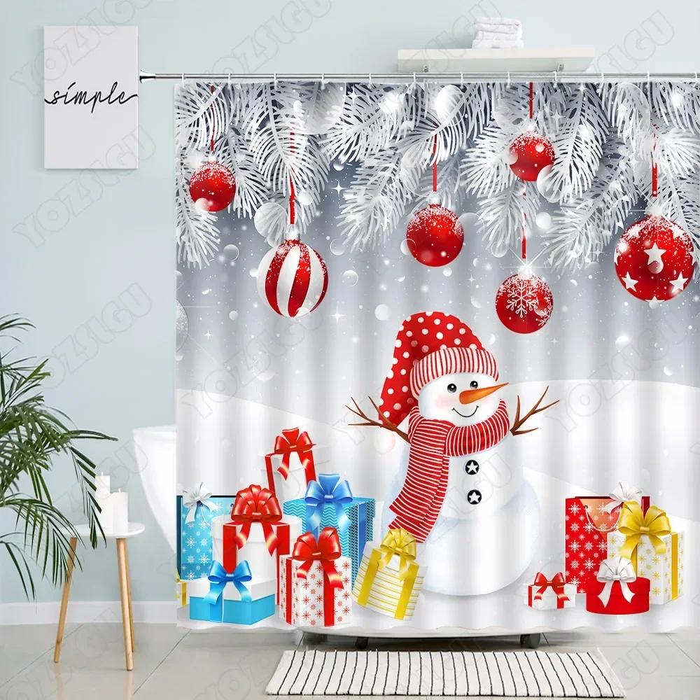 Cute Snowman Christmas Shower Curtains Red Rope Ball Pine Branch Snow Gift Creative Xmas New Year Bathroom Decor Bath Curtain