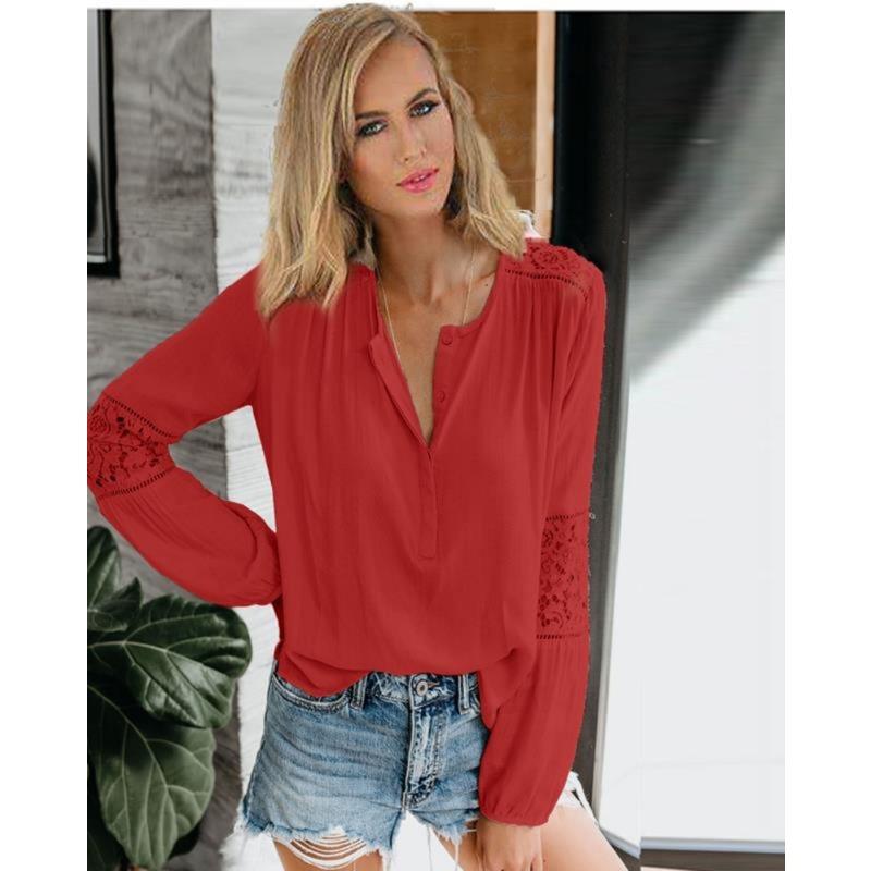 Bluse Top Frühling Spitze Spleißen Hohl Lose Langarm Shirt