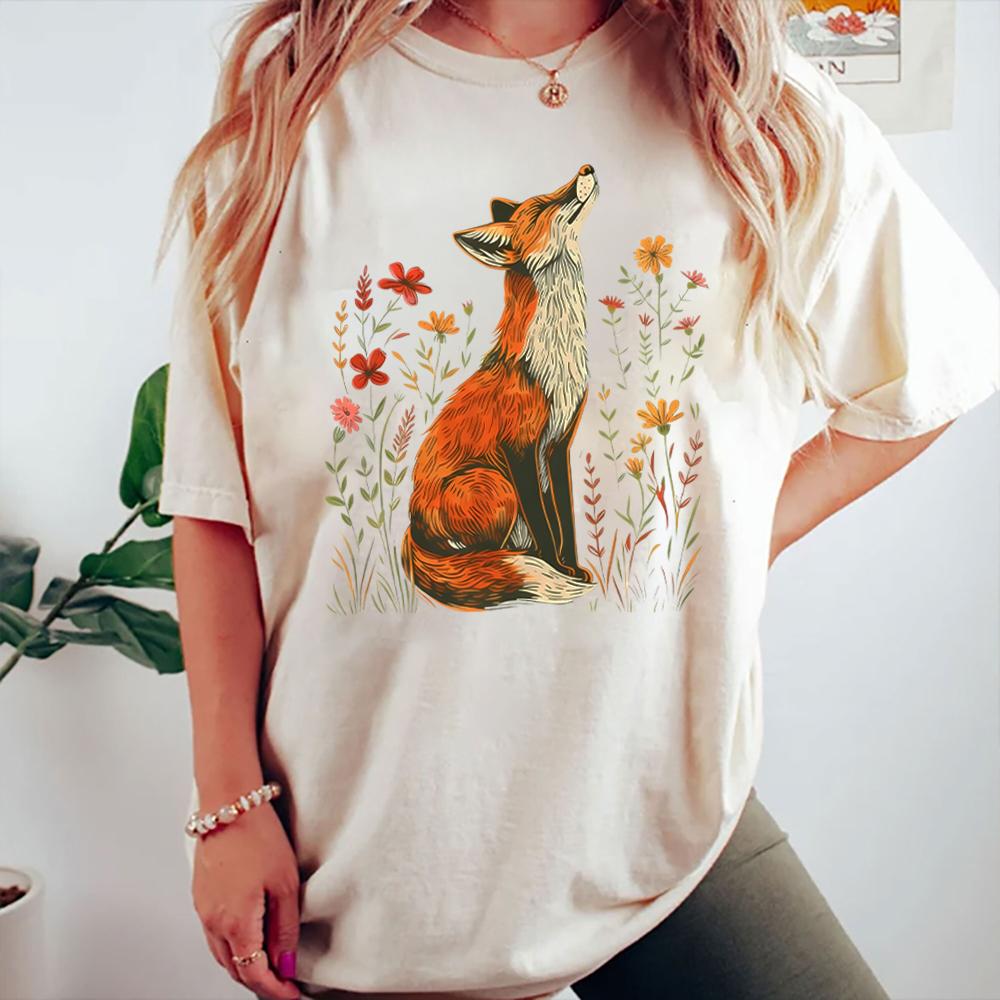 Vintage Wildflower Fox Comfort Shirts Light Academia Cottagecore Forestcore Whimsical Shirt Casual Daily Y2K Top Streetwear