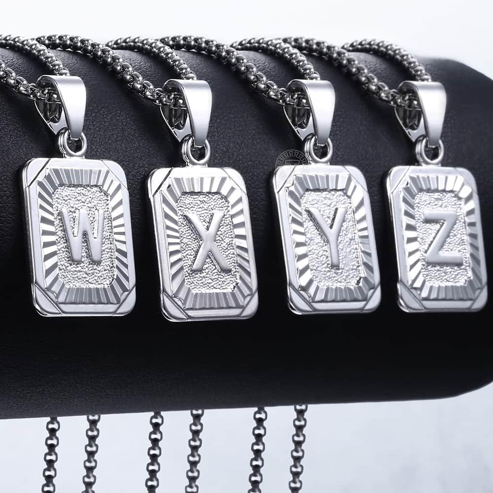 AZ lettres couleur argent pendentif à breloque colliers carré majuscule acier inoxydable lettre collier unisexe Alphabet bijoux