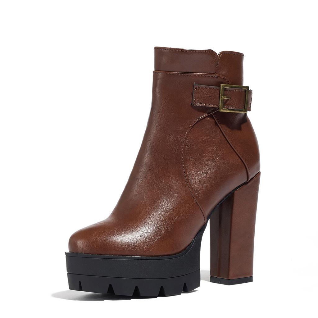 Sping Autumn Platform Ankle Boots Woman Black Brown PU Leather Shoes Female High Heels Boots Ladies Shoes For Party Big Size 43