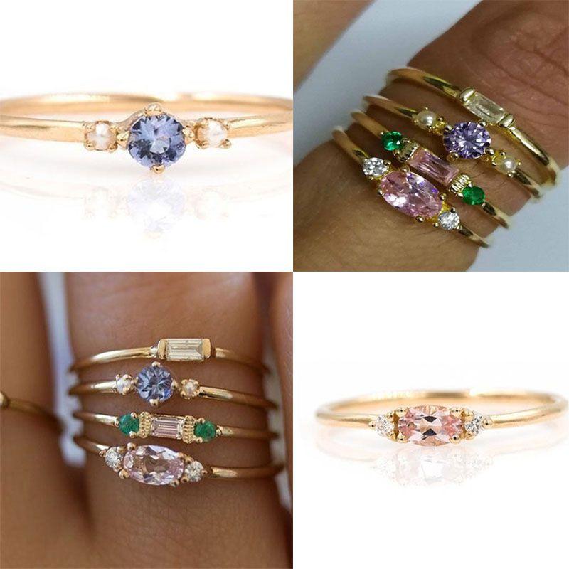 Elegant Gold Plated Gemstone Rings For Women In Stunning 4 In 1 Set
