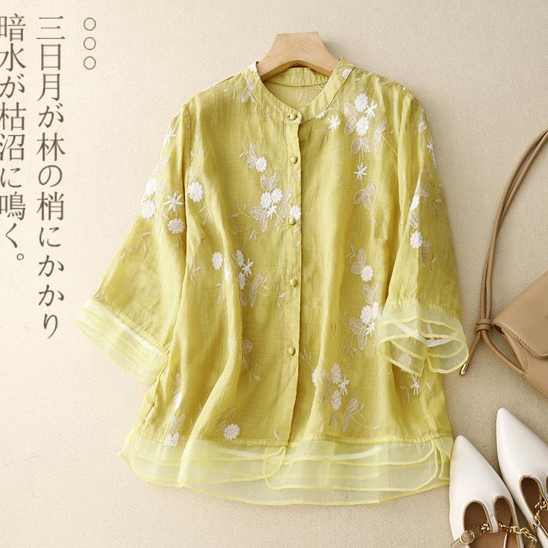 Women'S Cotton Linen Floral Shirts Summer 2026 New Embroidery Chinese Style Blouses Loose Blouse Top Half Sleeve Clothing
