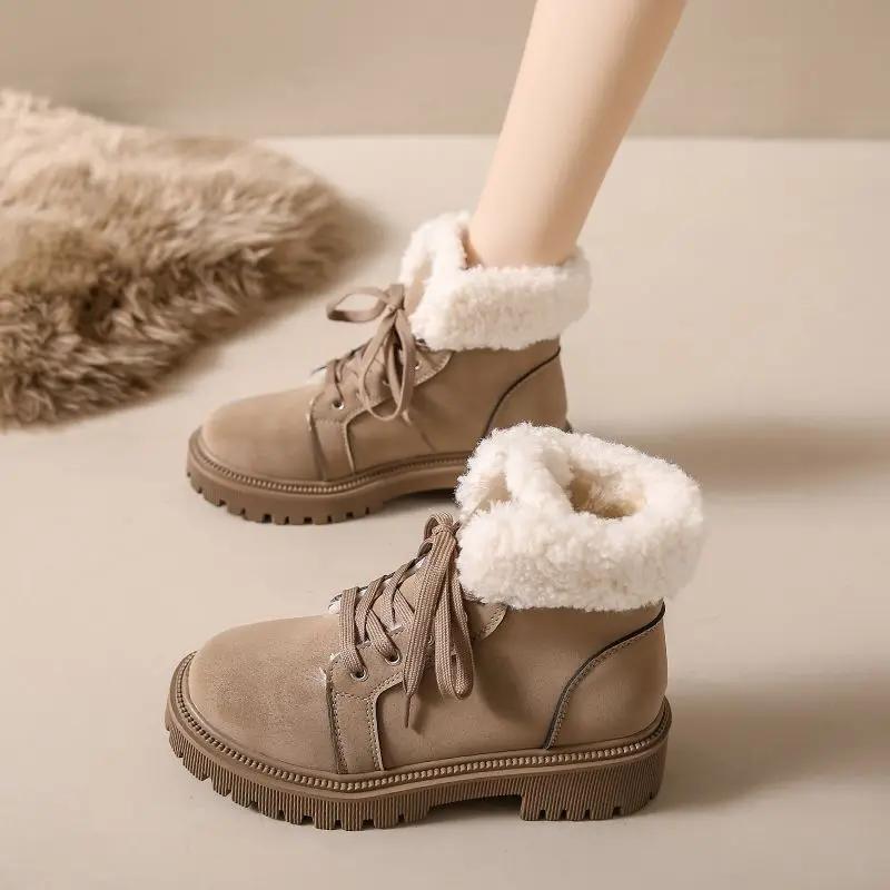 Lace-up Ladies Shoes Elegant With Low Heels Laces Women's Snow Boots Round Toe Padded Anti Slip Comfortable High Quality Plush