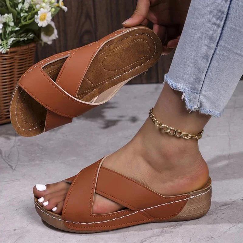 Fashion 2024 Women Sandals Peep Toe Summer Shoes with Wedge Heels Slippers Plus Size Woman Slip On Elegant Heels Sandals Sandalias Mujer