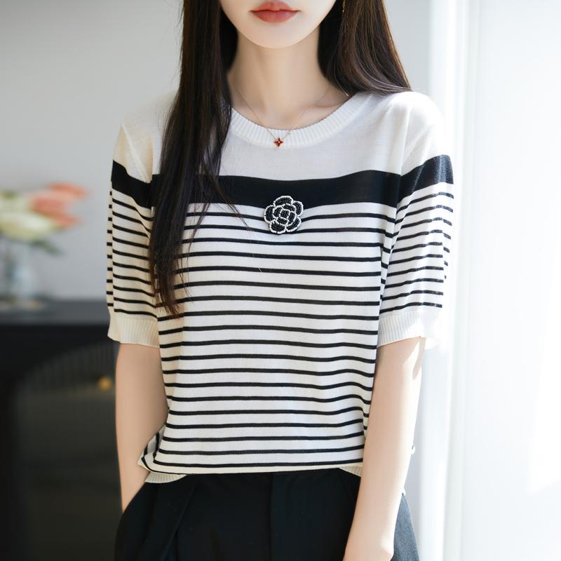 Women Knit T-shirt MODERN NEW SAGA Summer Knitted Shirt Short Sleeve Tees O-neck Patchwork Pullover Knit Tops