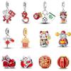 New 925 Silver Lucky Cat God of Wealth Charms Beads for Bracelet DIY Jewelry Happy New Year Gift