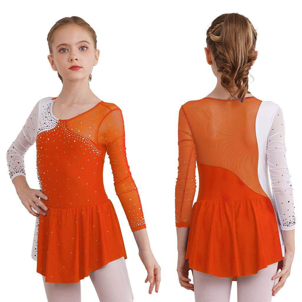 Girls' Ice Skating Leotard Dress Kids Long Sleeve Shiny Rhinestone Ballet Gymnastics Dance Clothes
