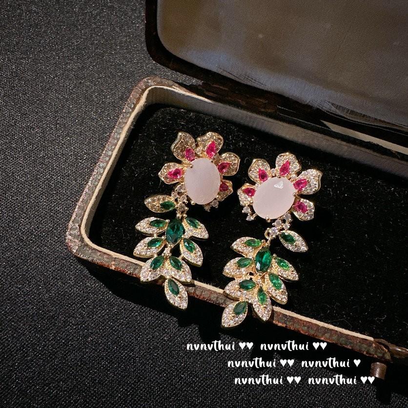 Years Beauty Haze Pink Gem Flower Earrings Vintage Plated 18K Gold, Iris Purple Eyelashes Zircon Earrings