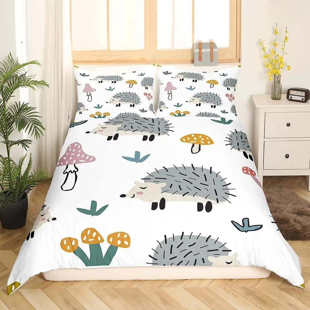 Cartoon Hedgehog Duvet Cover Queen Watercolor Tie-dye Boho Bedding Set,Wild Animals Flowers Comforter Cover Floral Quilt Cover