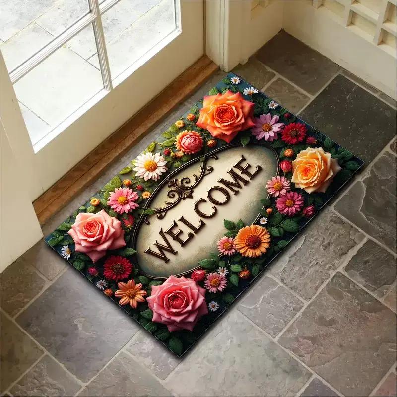 Bienvenue Floral Paillasson d'Entrée Décoration d'Intérieur Tapis Intérieur Extérieur Tapis de Sol Salon Chambre Bain Cuisine