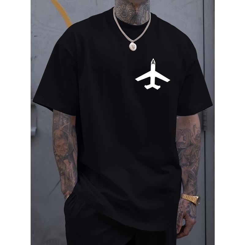Men's Fashionable Creative Design Airplane Print Short-Sleeve T-Shirt for Sports, Leisure, and Daily Versatile Wear In Summer