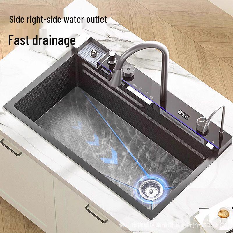 6MM Whale Large Single Bowl Kitchen Sink with Digital Display, Integrated Rain Shower, and 304 Stainless Steel Nano Honeycomb Embossed Design