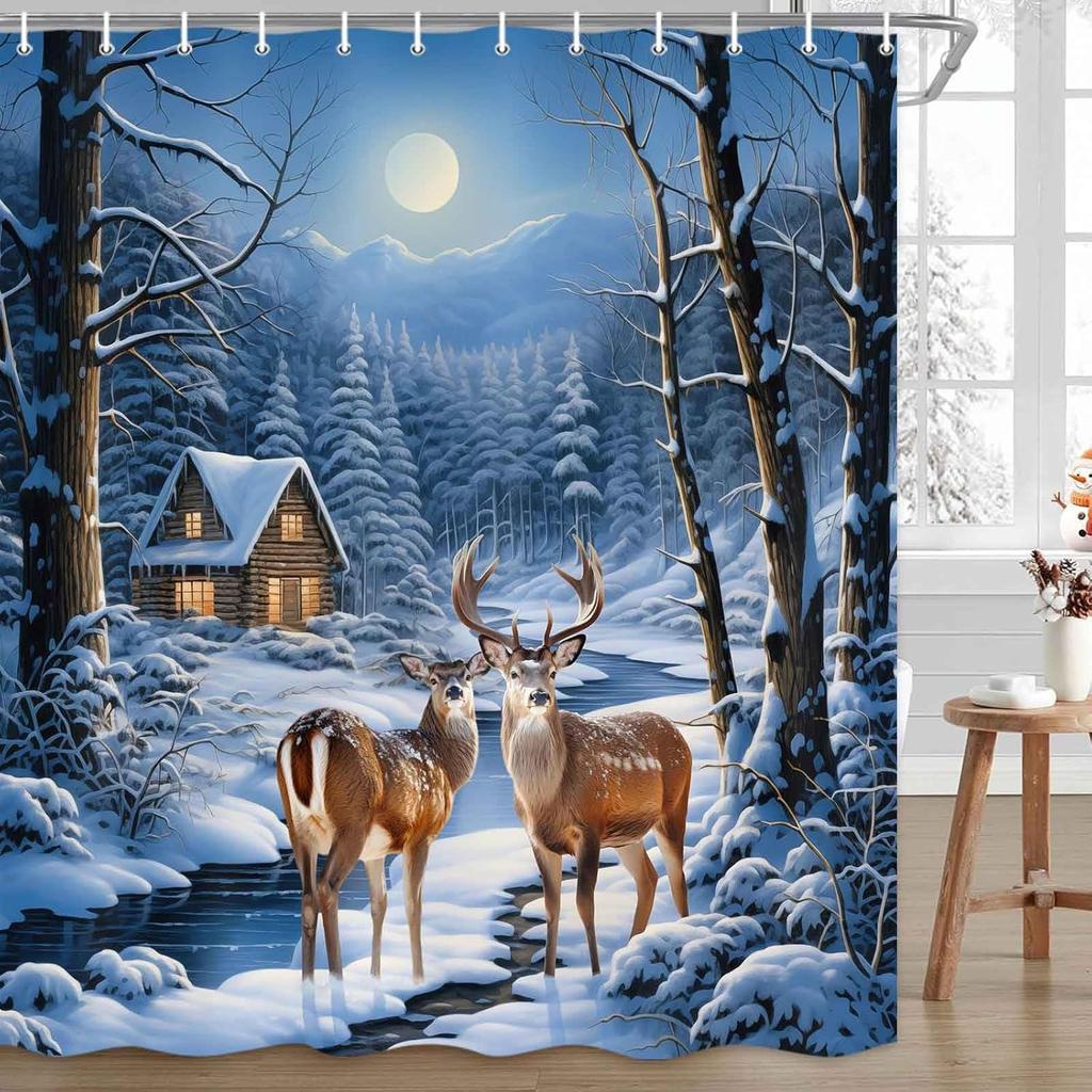 Christmas Tree Shower Curtain Green Trees Snowflake Decorative Bath Curtain Xmas Holiday Waterproof Fabric Bathroom Curtain Se