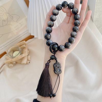 Natural Silver Obsidian Pixiu Couple's Handheld 18-Bead Tassel Amulet Black Obsidian Prayer Bead Bracelet Ethnic Style