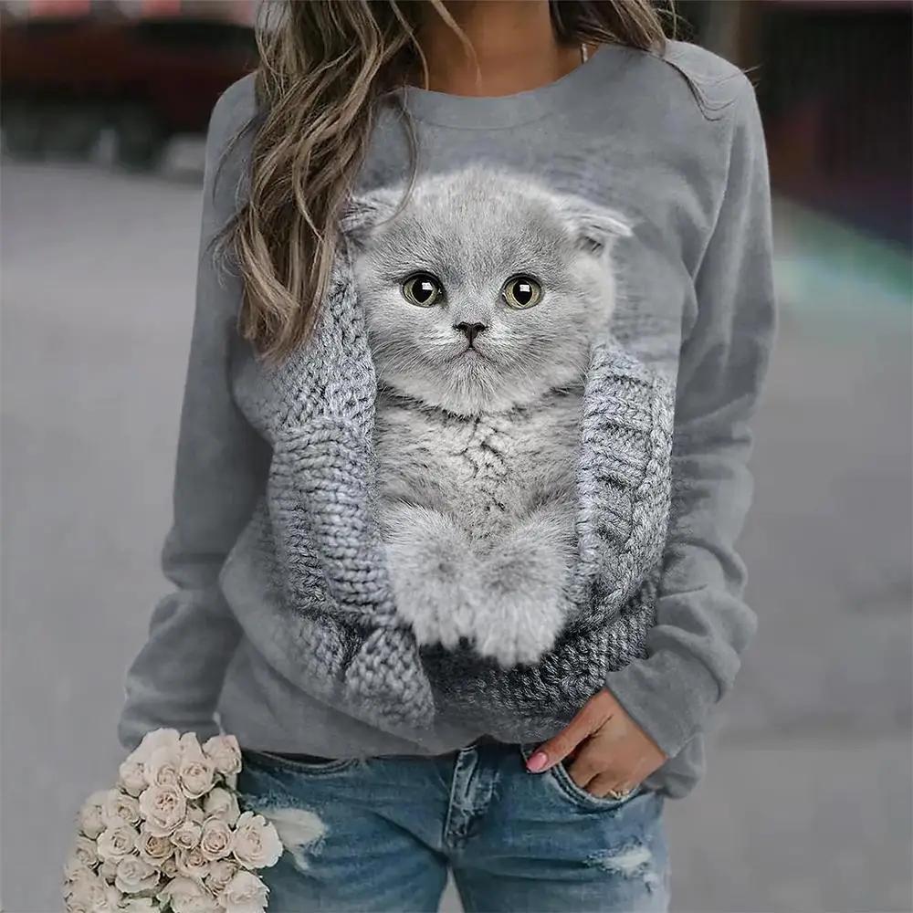 Tricou de damă pisică Kawaii 3D imprimeu tricouri casual cu mânecă lungă Pulover Harajuku supradimensionat Îmbrăcăminte Bluză de zi cu zi Topuri largi pentru femei
