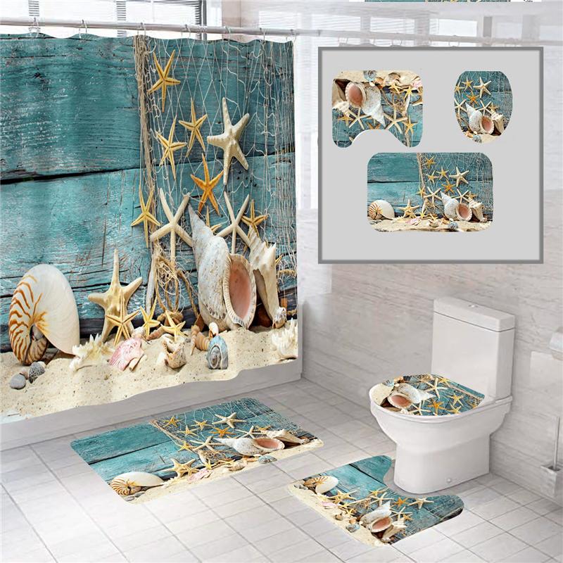 18 Colors 4Piece Marine Style Dolphin Waterproof Shower Curtain Set Anti-slip Mat Base Carpet Toilet Cover Pad Bathroom Kit