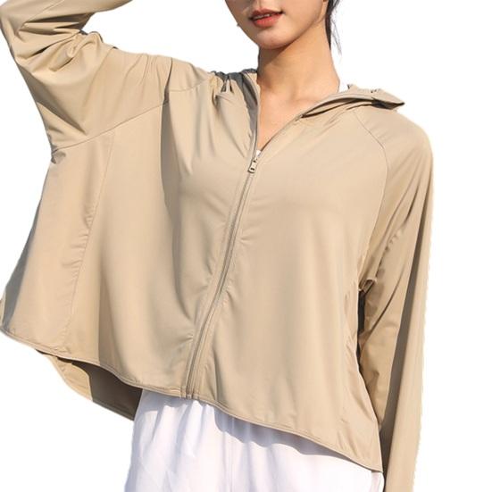Giacca con cappuccio da donna per protezione solare, leggera, manica lunga, maglia solare, cerniera intera, giacca sportiva con tasche per escursionismo all'aperto