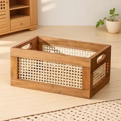 Wooden Woven Storage Basket Handmade Bamboo Desktop Box for Cosmetics Snacks Books Small Items Organizer Decorative