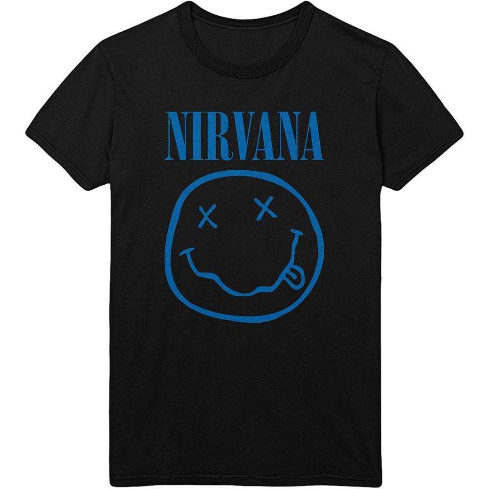 Men's Nirvana Blue Smile Face Logo Slim Fit T-shirt Large Black