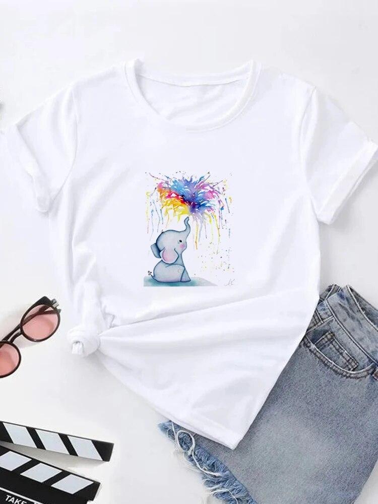 Koszulka z nadrukiem letnim T-shirt damski Tops graficzny Harajuku koreański krótki rękaw swobodny modny Harajuku biały T-shirt z okrągłym dekoltem