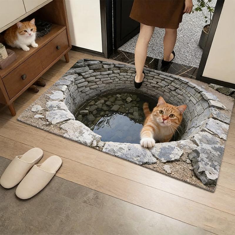 Deep Well Cute Kitten Door Mat Stone Hole Water Well 2D Printed Carpet Living Room Bedroom Decorative Floor Mat