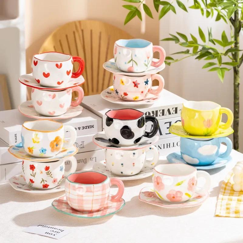 300ML Cute Creative Irregular Ceramic Girl Fashion Flower Clouds Mug with Handgrip Coffee Cups Breakfast Milk Tea Gift Water Cup