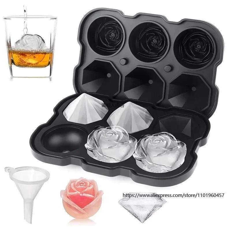 1pc Silicone Ice Grid Mold for Household Use Six Grid Rose Diamond Ice Making Box 6-hole Top and Bottom Cover Homemade Ice Cubes