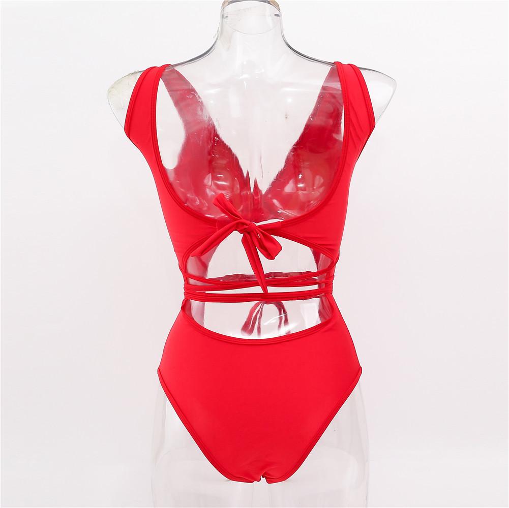 Women's Swimsuit Solid Color Drawstring Back Tie Sexy Cutout Thong One Piece Swimsuit Bikini Beachwear Bathing Suits