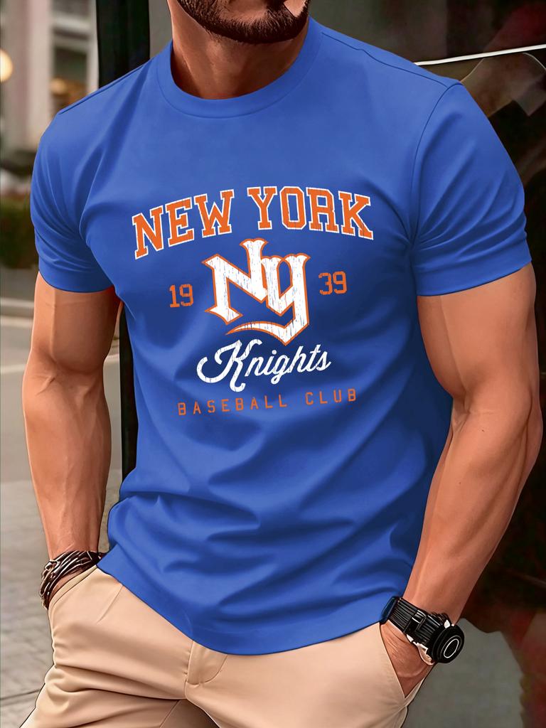 New York Baseball Club Nyomtatott Póló Férfi Puha Mindenhez Illő Pólók Pamut Alkalmi Ruházat Kerek Nyakú Laza Férfi Rövid Ujjú