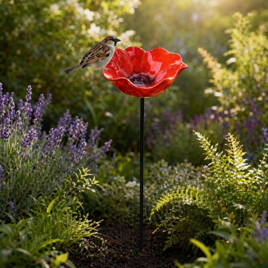 2Pcs Flower Stake Bird Bath Metal Flower Garden Stake Outdoor Bird Bath Pollinator Water Feeder for Hummingbird Butterfly Bee Yard Patio Decor