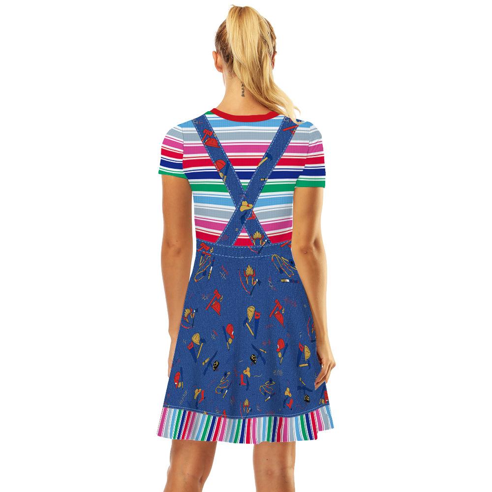 Halloween Anime Cartoon Print Damen Kleid Rundhals Kurzarm Rock für Party Cosplay Verkleidung