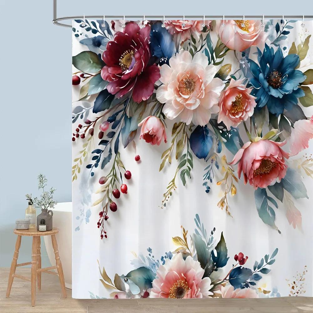 Pretty Floral Shower Curtain Blooming Flower Butterfly Lotus Polyester Fabric Home Shower Curtains Bathroom Decor With Hooks