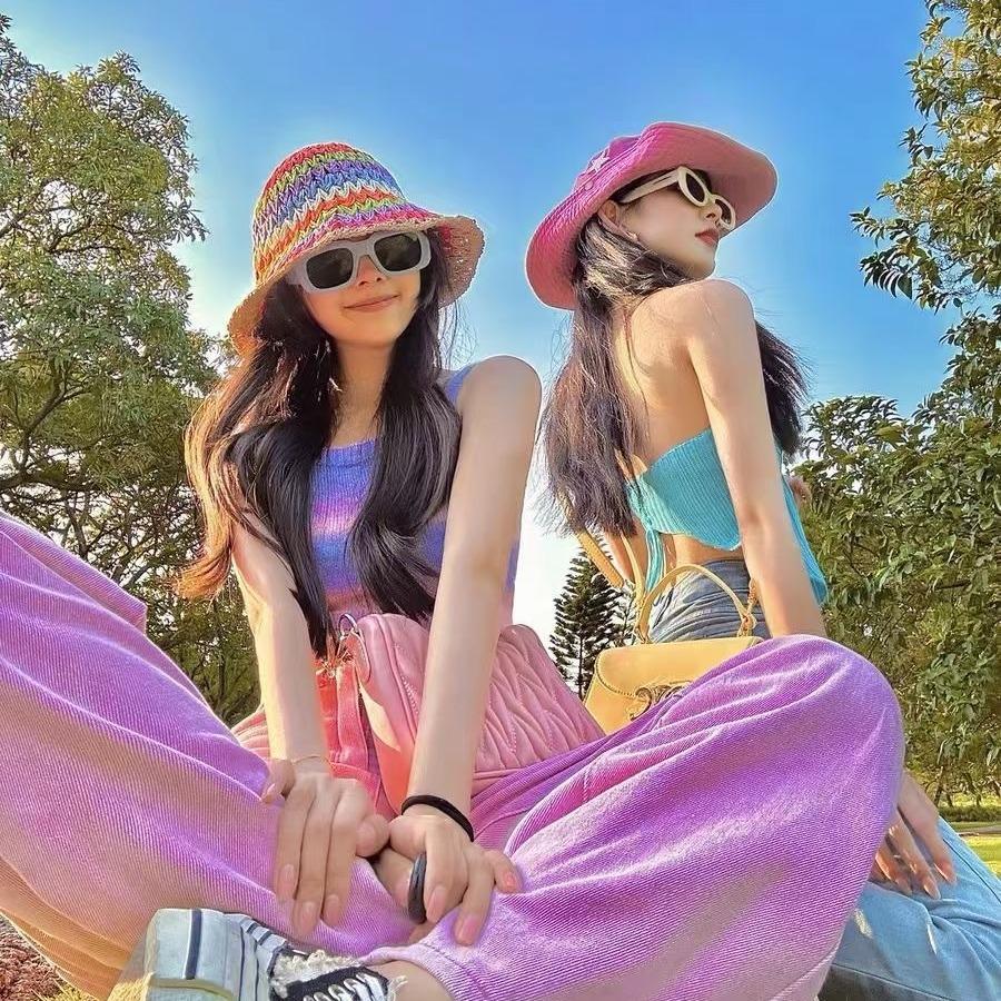 Summer Rainbow Straw Bucket Hat Seaside Vacation Dopamine Fashion Sunscreen Straw Hat Shade Beach Hat Bucket Hat