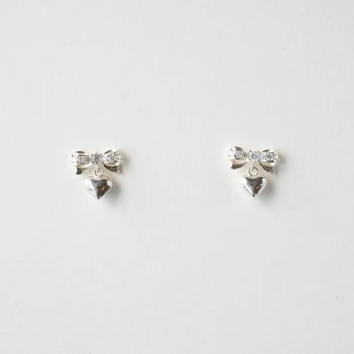 [Silver] Shining Ribbon and Heart Earring