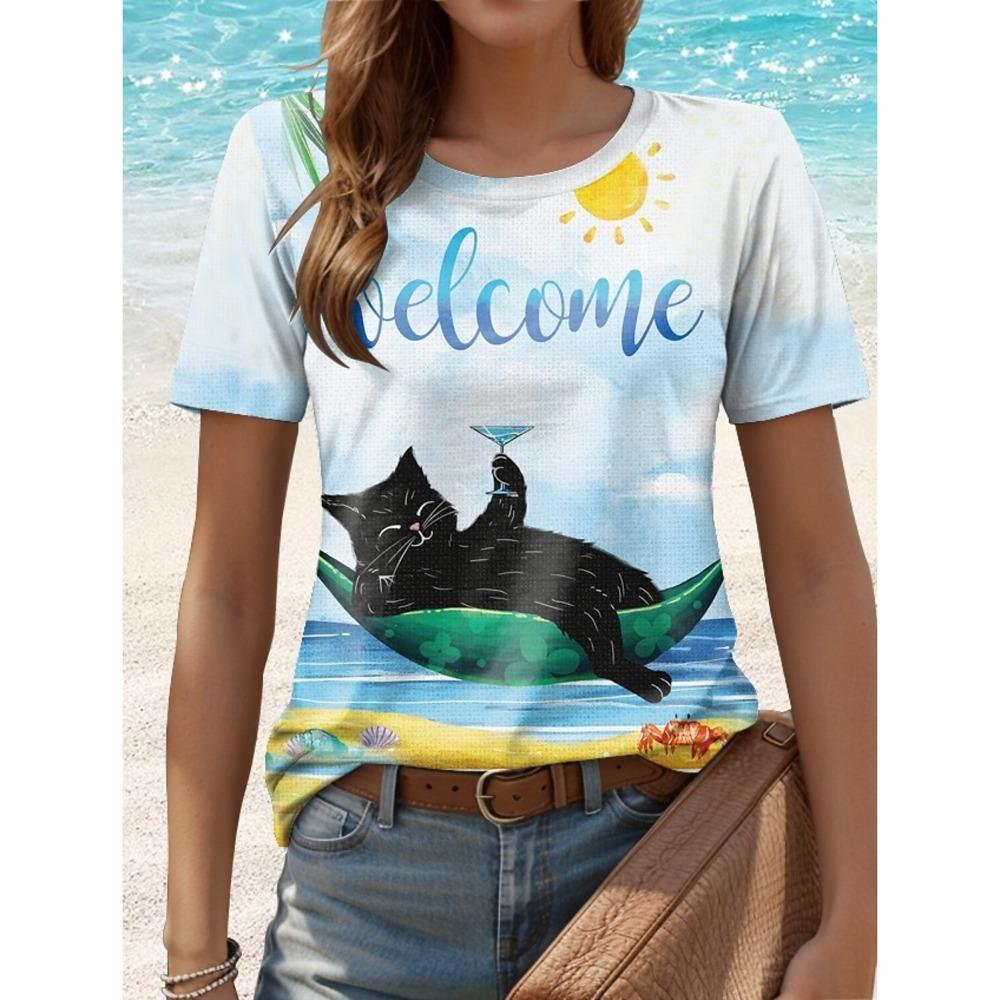Roliga djurkatt-tryck T-shirts för kvinnor Kortärmade T-shirts Toppar 3D-tryck O-ringad Skjorta Sommar Casual Damkläder Kläder