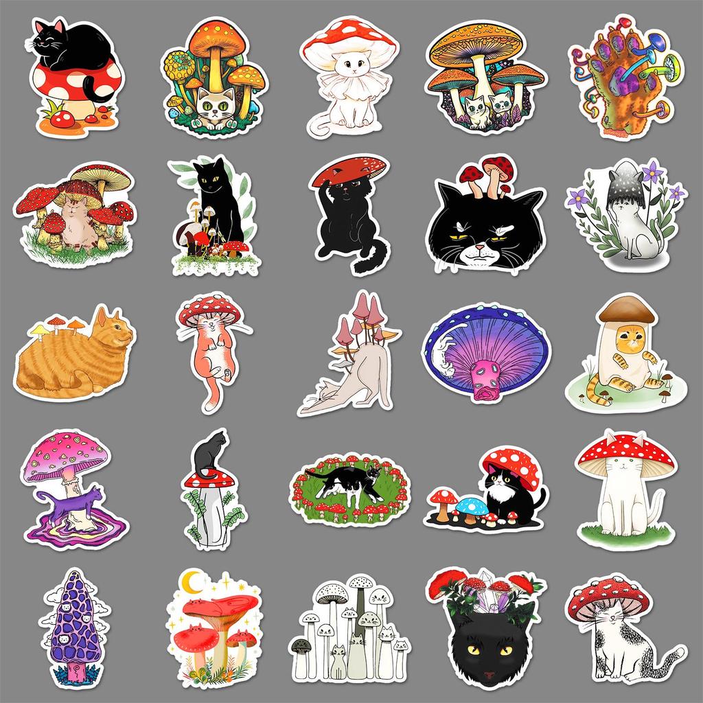 50pcs Cat Mushroom Cartoon Stickers - Creative Animal & Plant Designs for Phone Cases & Water Cups