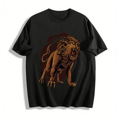 Brüllender Löwe Druck Vintage Stil Lässiges Lockeres Rundhals T-Shirt Reines Baumwoll T-Shirt
