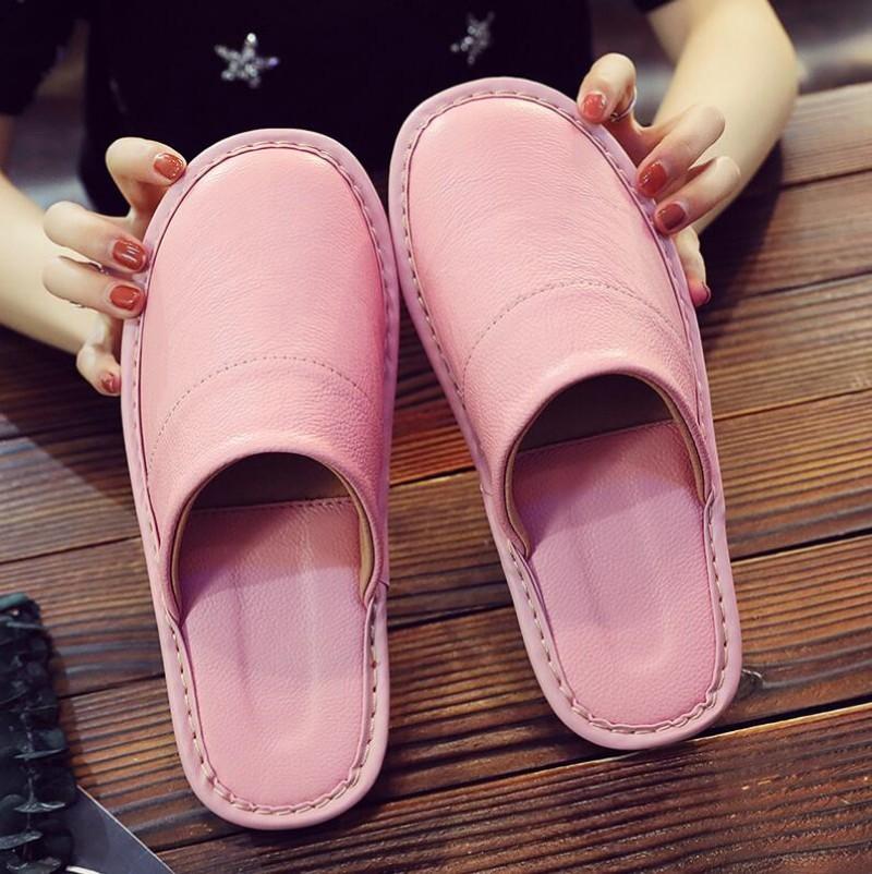 Spring Autumn Indoor Shoes Men's Woman Slippers Plus Size 35 46 Man Concise Brown Simple Leather Home Slippers For Men