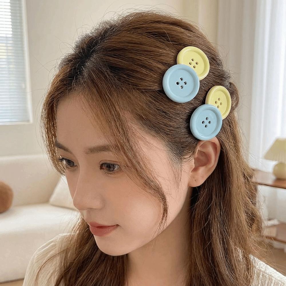 2pcs Sweet Candy Color Hair Clip Non-Slip Cute Barrettes Lovely Button Shape Hairpins Broken Hair