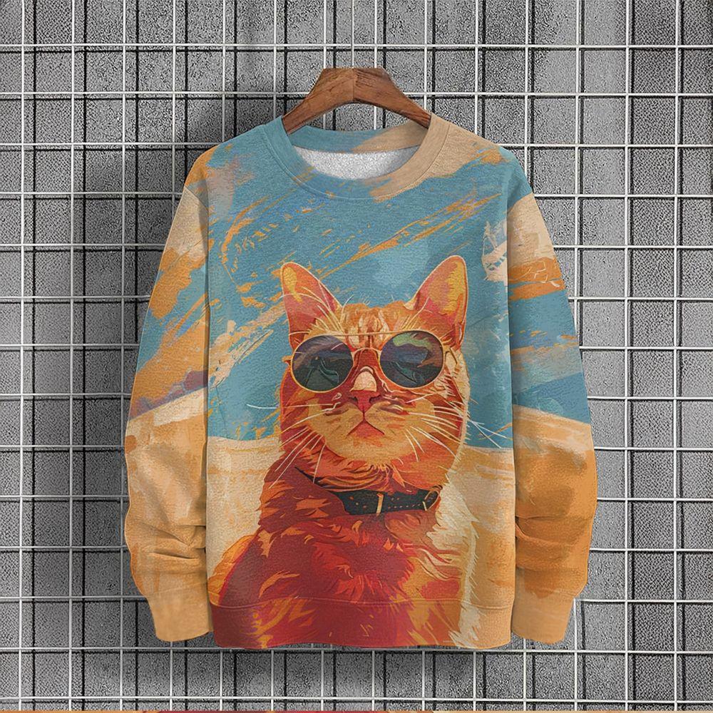 Djurtröja för män Solglasögon Katt Grafiska långärmade T-shirts Fritidskläder utomhus Streetwear Oversized herrkläder