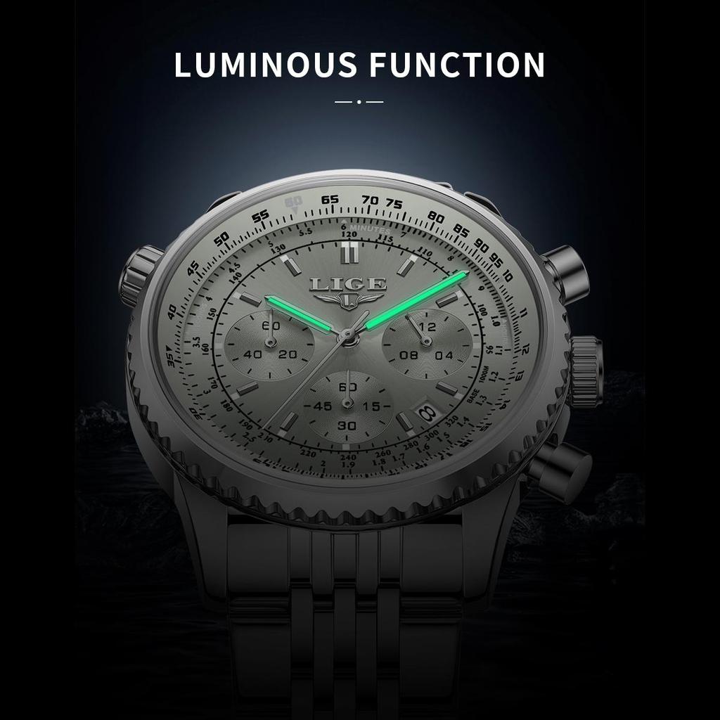 LIGE Luxusuhren für Herren Datum Chronograph Edelstahl Herrenuhr Wasserdicht Leuchtend Sport Militärisch Herren Quarz Uhr