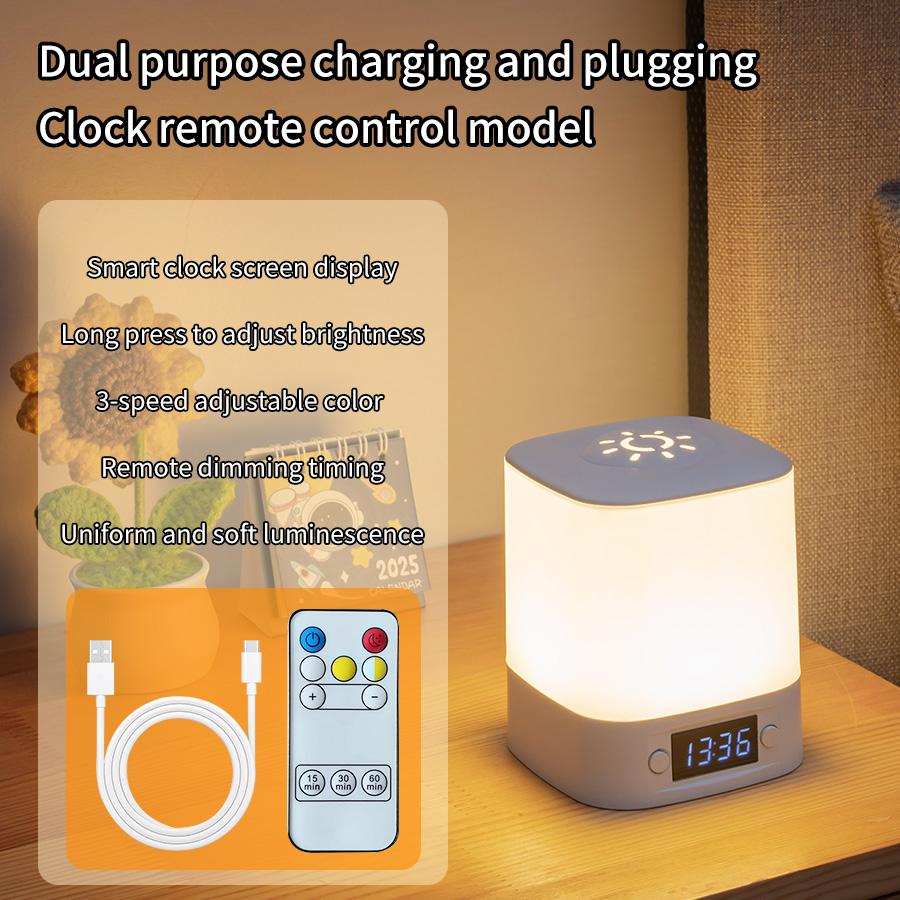 Rechargeable Led Table Lamp with Clock Time Display Night Light Remote Control for Bedroom Bedside Nursery Reading Book Light