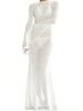 Women's Crochet Long Sleeve Backless Mesh Knit Swimsuit Cover Up Beach Maxi Dress