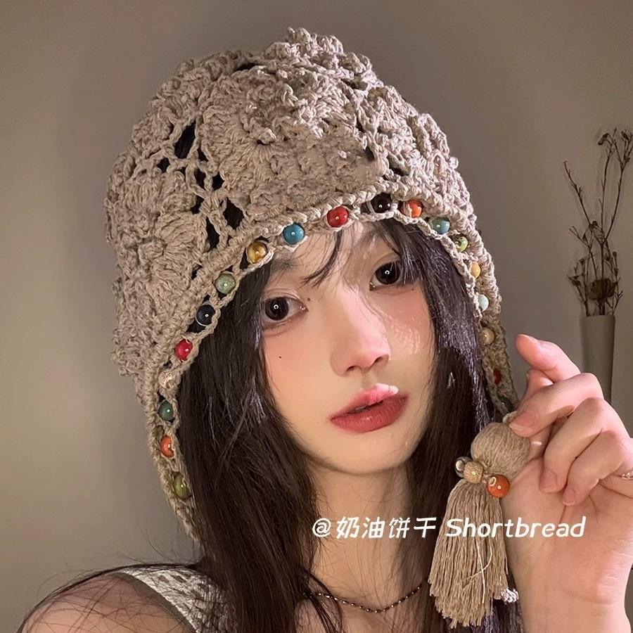 Ethnic Style Crochet Beaded Pullover Hat Children Summer And Autumn Fringed Strap Knitted Hat Retro Literary Hollow Head Hat