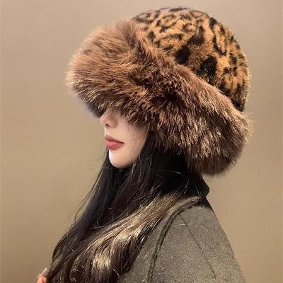 Leopard Print Warm Plush Hat Women's Autumn and Winter Retro Thickened Cold-proof Face Small Ear Protection Hat Bucket Hat Trendy Women's Hat